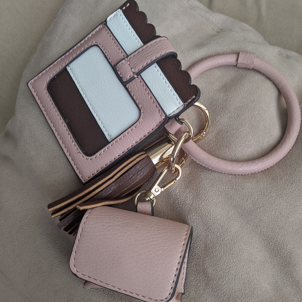 Hands Free Pink Brown Wristlet Bracelet Wallet Cardholder Key Holder Change Bag